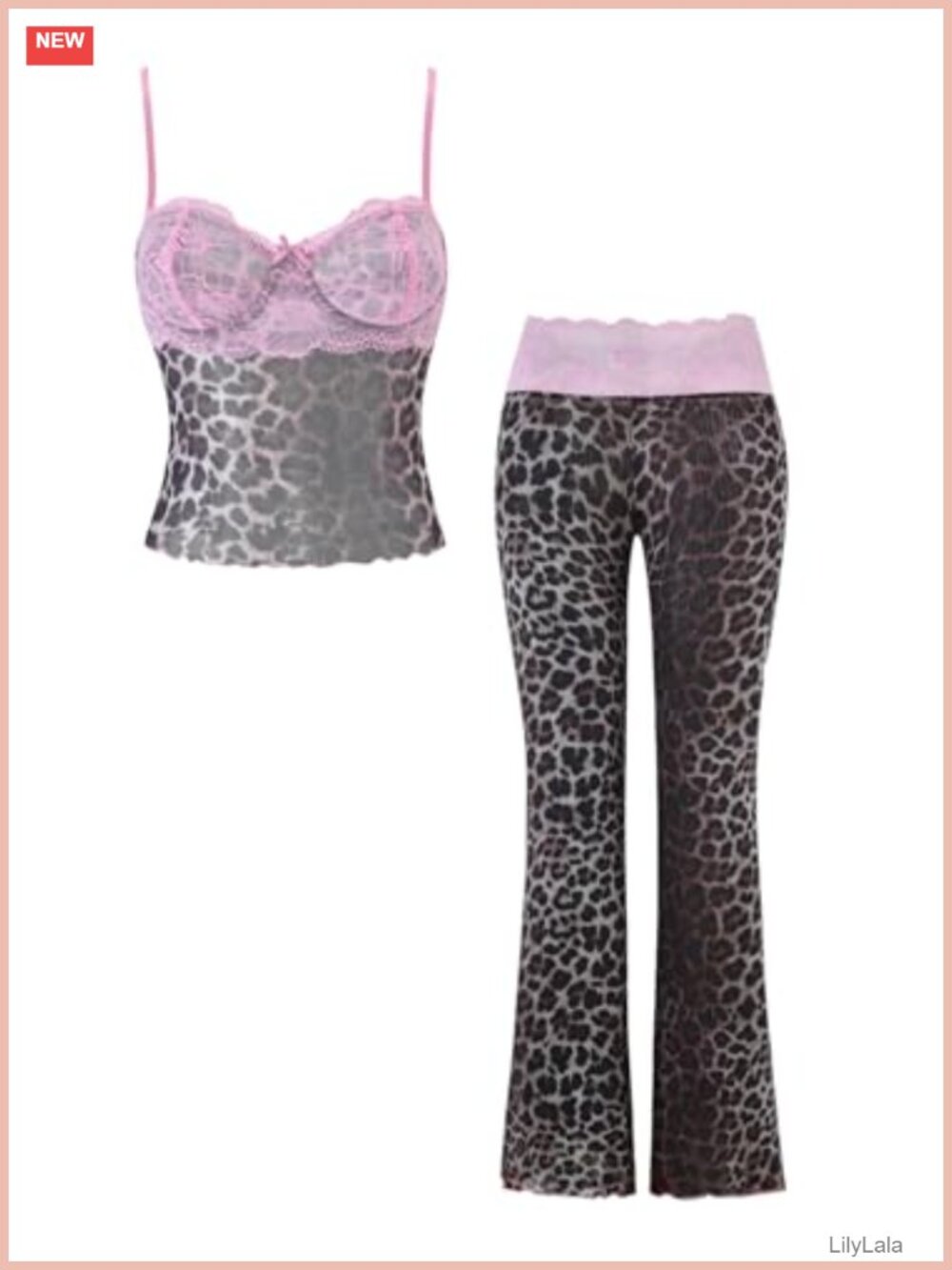 Y2K Leopard Lace Crop Cami & Flare Pants Rave Party Set